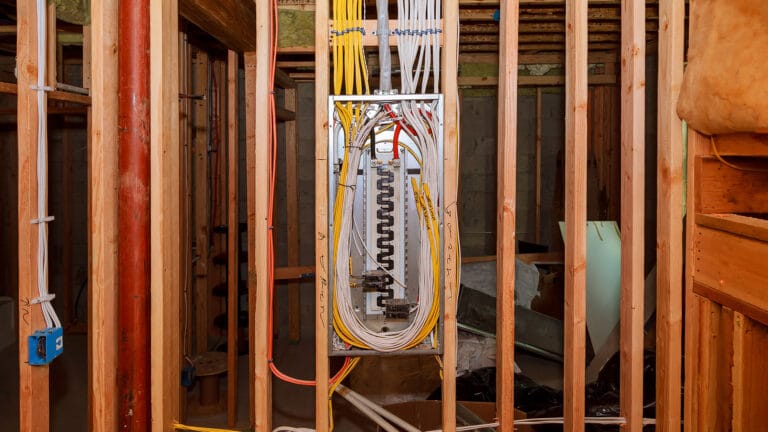 An exposed electrical panel with multiple wiring circuits in a partially framed room, showing modern electrical wiring installation in progress.