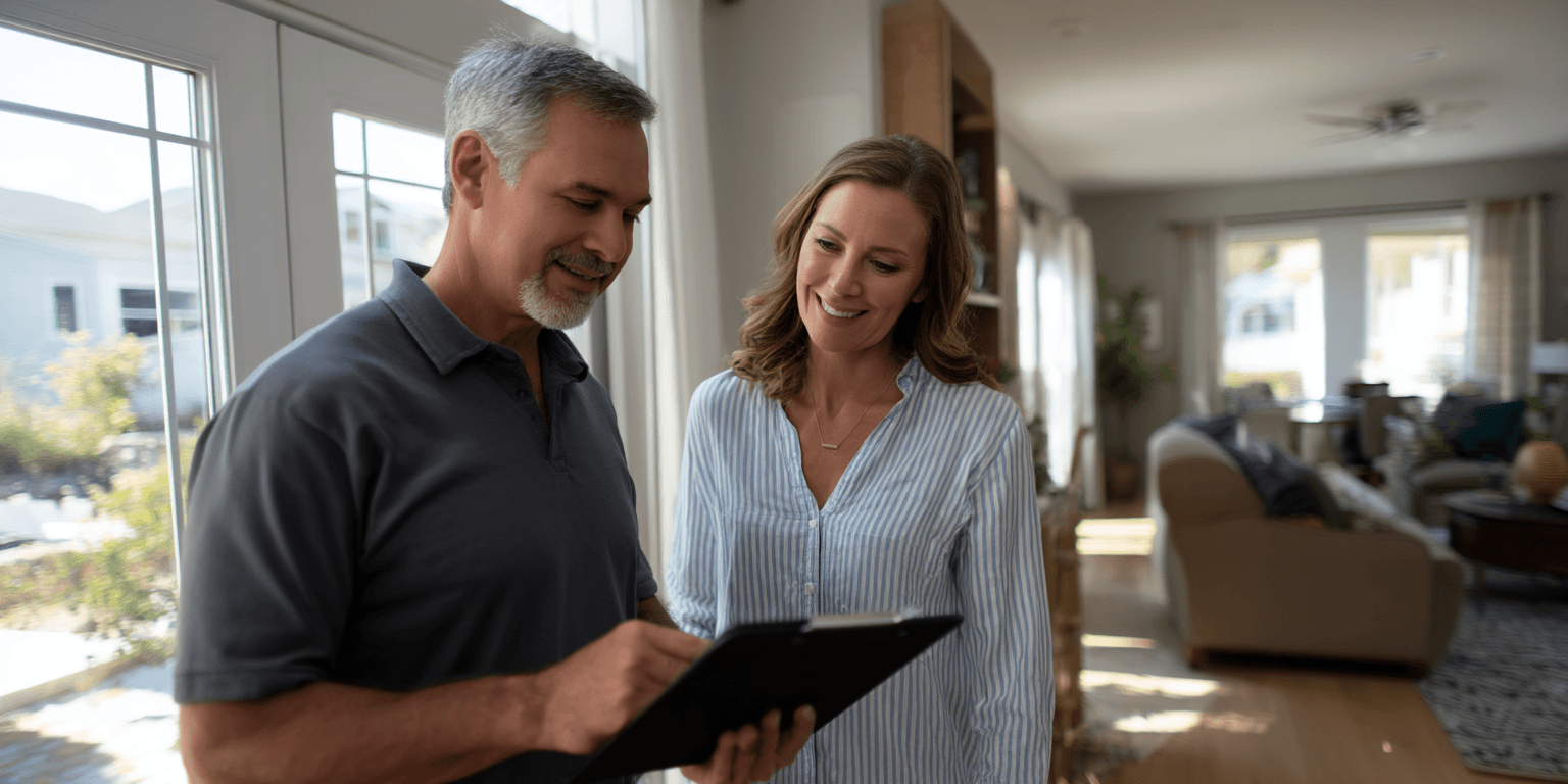 Home inspector reviewing report with seller