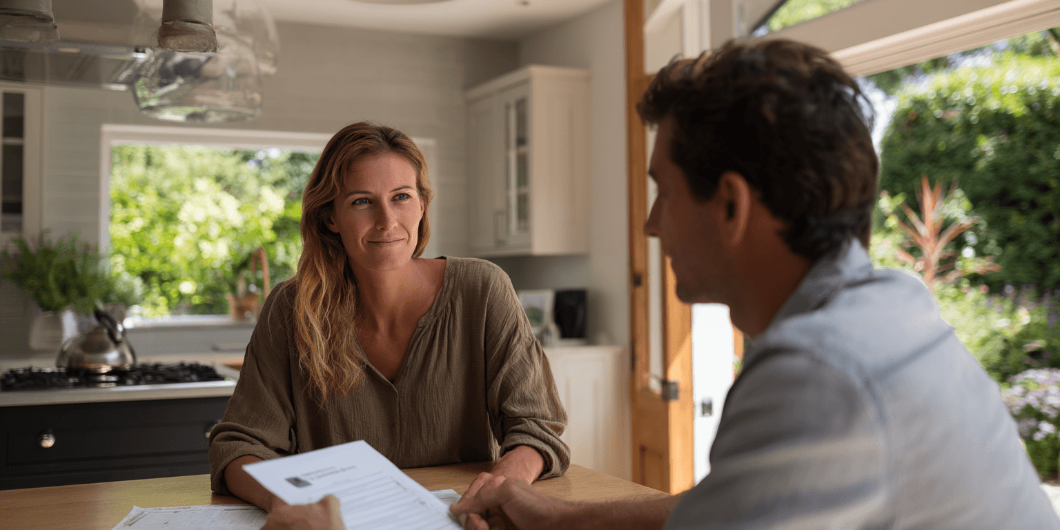 Homebuyer and agent reviewing a printed home inspection report together inside a North Texas kitchen.