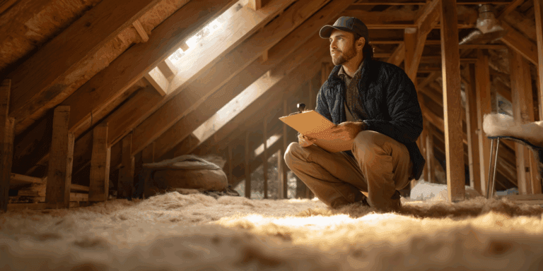 A home inspector examining attic insulation and roof decking during a residential inspection.