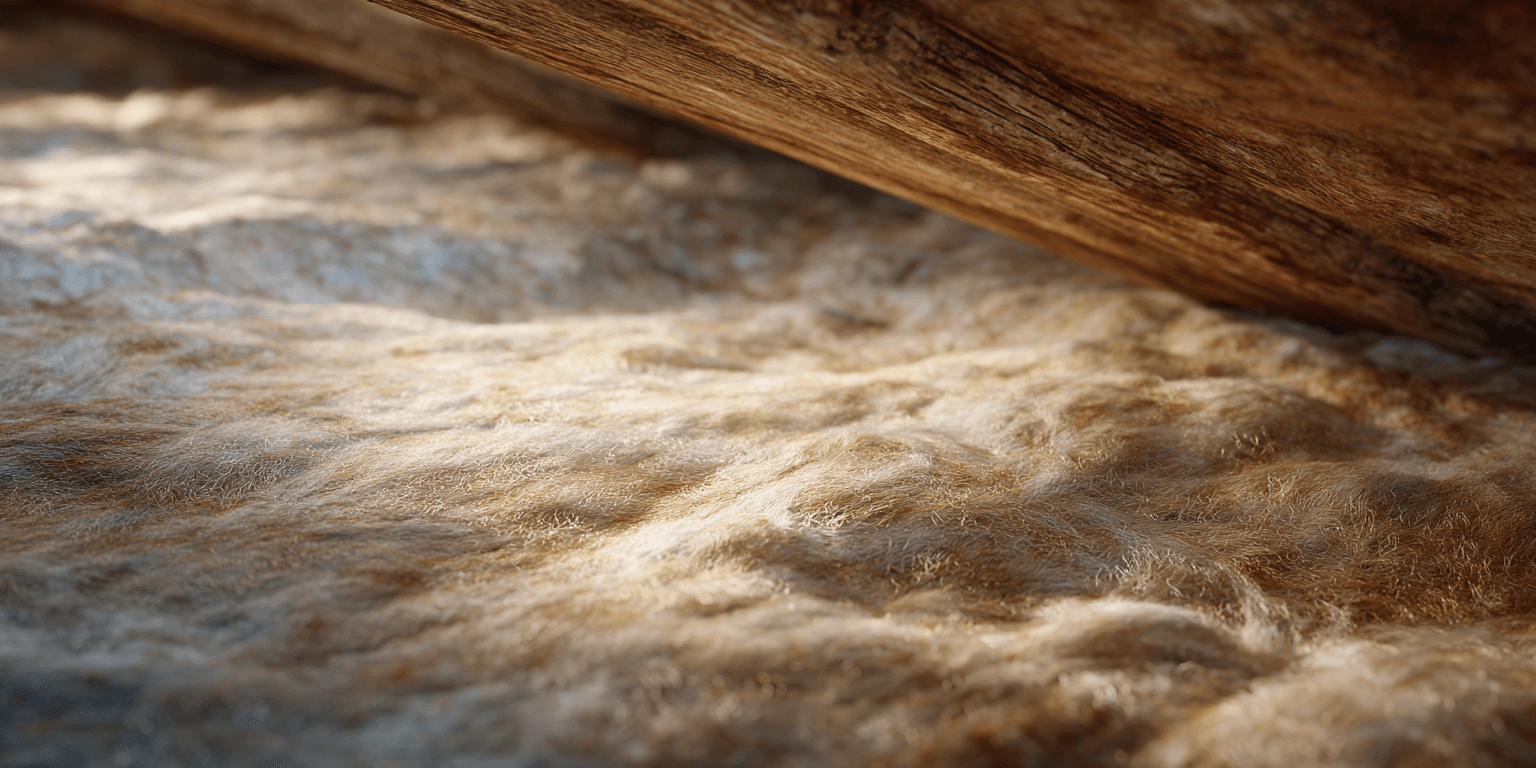 Damp and discolored attic insulation with visible water stains, showing signs of moisture problems.