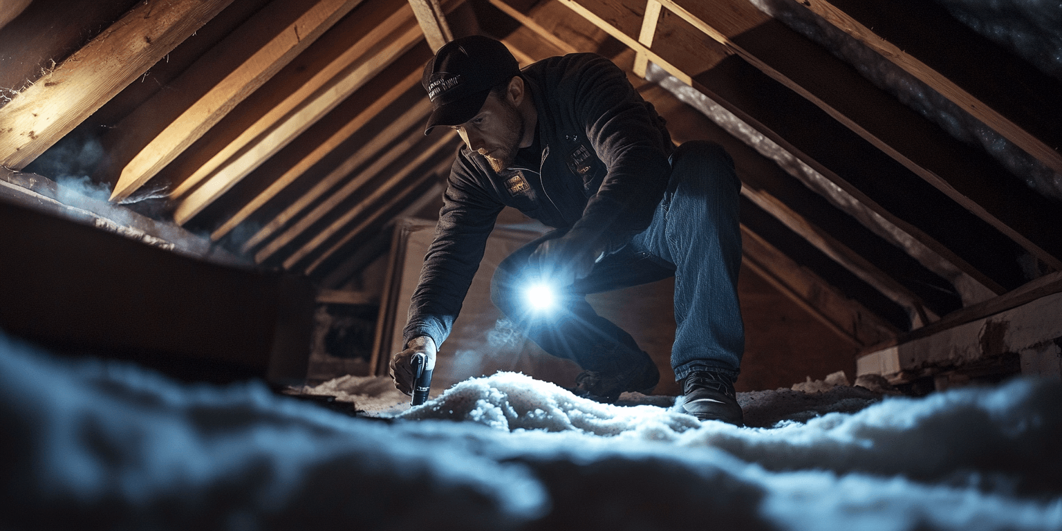 Inspector in an attic with a flashlight examining water stains on wood beams and damp insulation caused by storm damage, with natural light streaming through gaps.