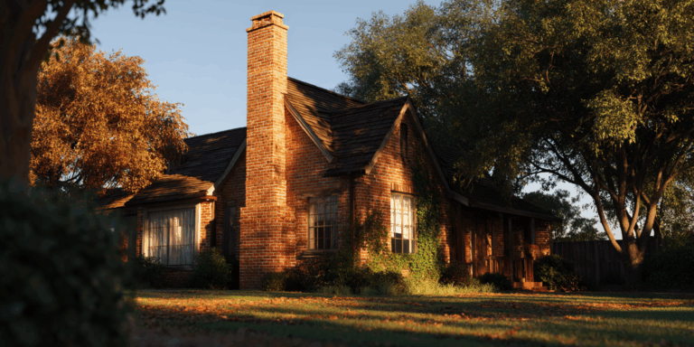 A cozy Texas home with a slightly weathered brick chimney, suggesting it may be due for an inspection.
