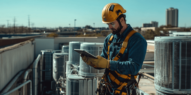 An inspector comparing a clogged air filter with a clean one in a commercial building’s mechanical room, highlighting the importance of HVAC maintenance.