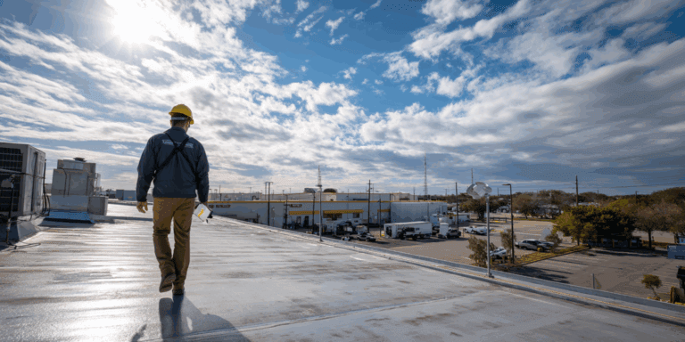 Roofing inspector examining a commercial flat roof on a Denton business property under Texas sky.