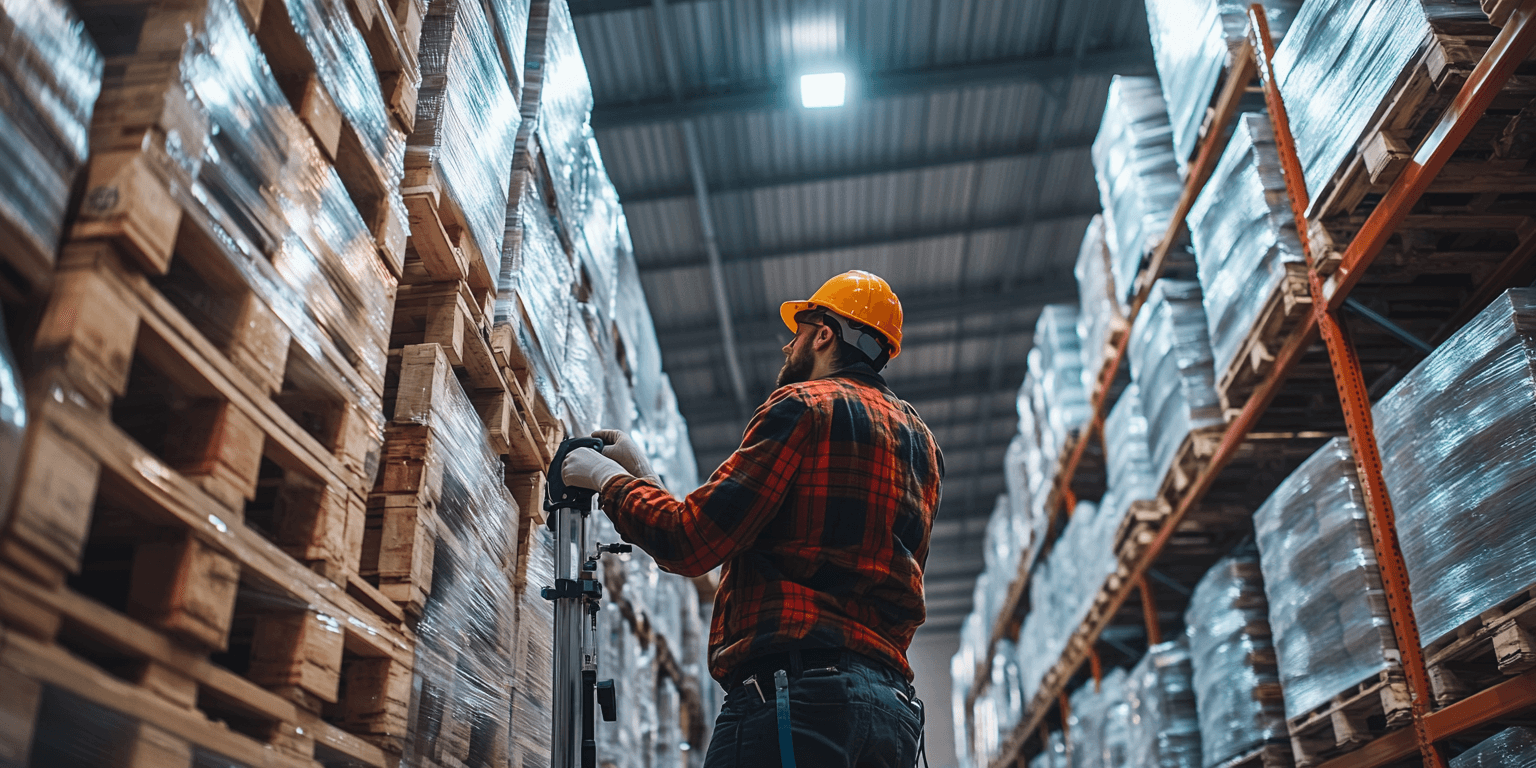 An inspector checking a sprinkler system in a commercial warehouse, highlighting the importance of fire prevention and safety.