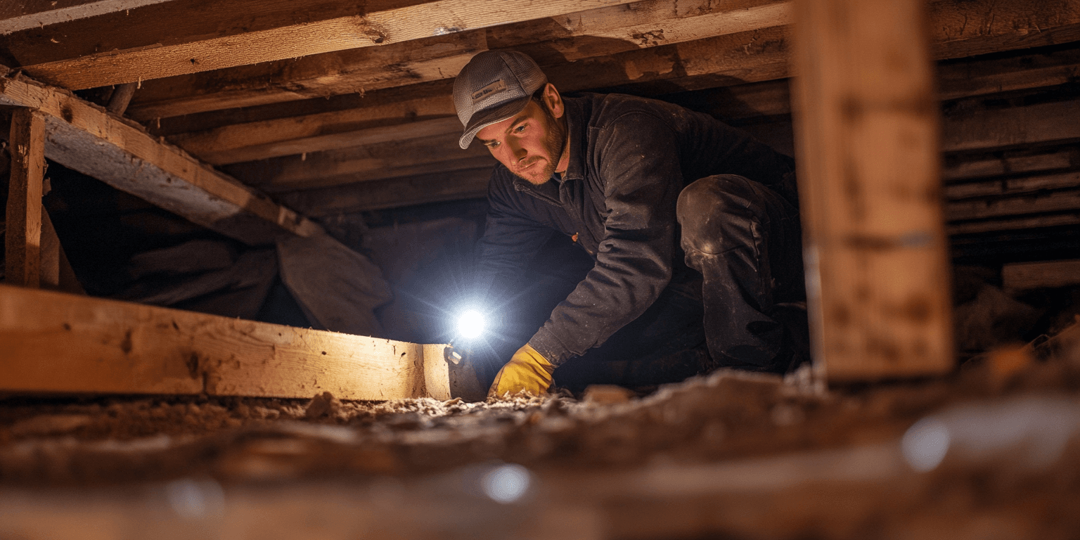 Inspector examining wooden beams in a crawl space for signs of termites and potential damage.
