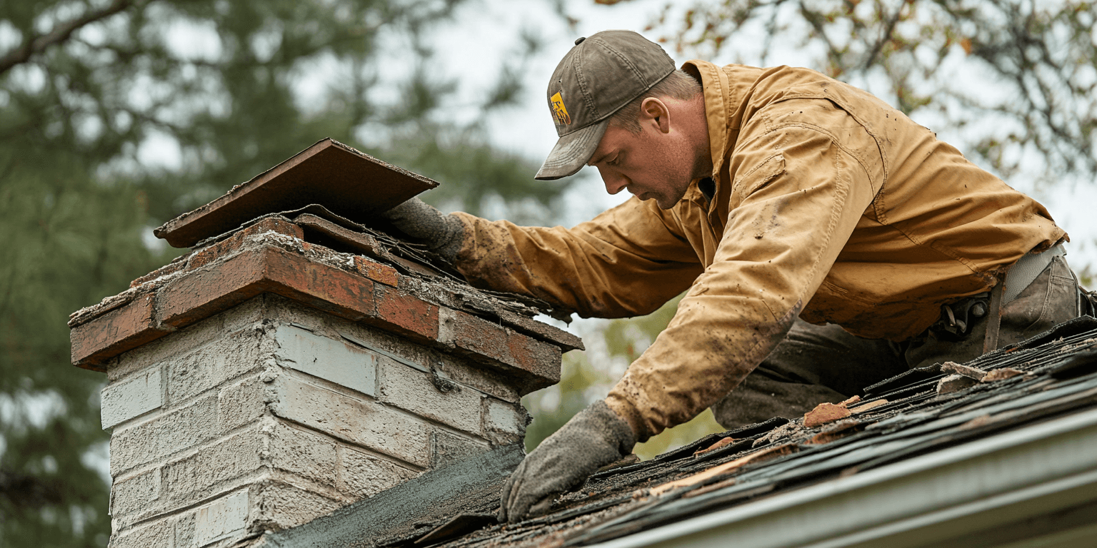 Roof flashing around a chimney bent and damaged after a storm, inspected for potential water leaks.
