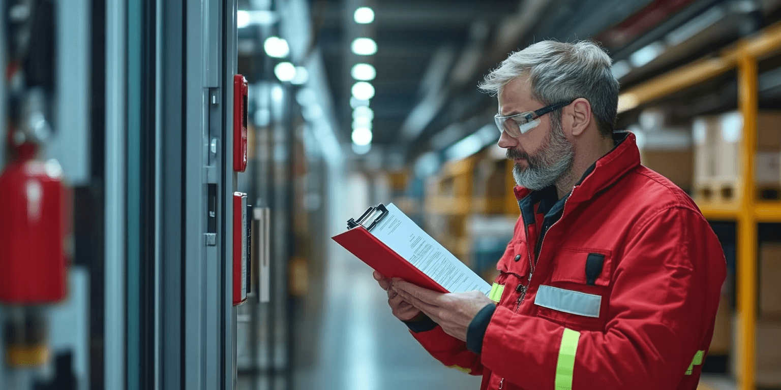 An inspector checking emergency lighting and fire exits in a commercial property, ensuring code compliance in the North Texas area.