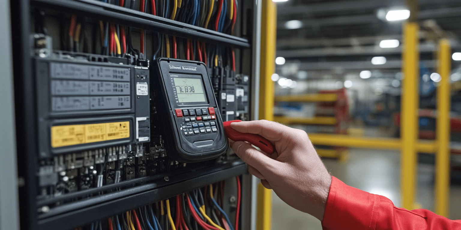 An inspector testing circuits in an industrial electrical panel during a commercial building inspection in the Dallas-Fort Worth area.
