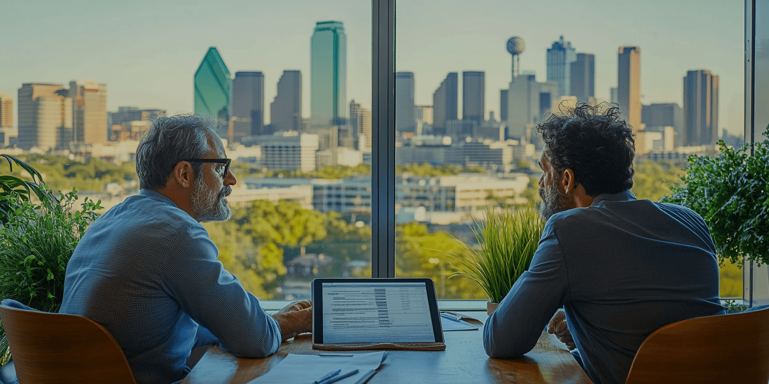 An inspector discussing a detailed commercial inspection report with an investor in a conference room overlooking the Dallas skyline.