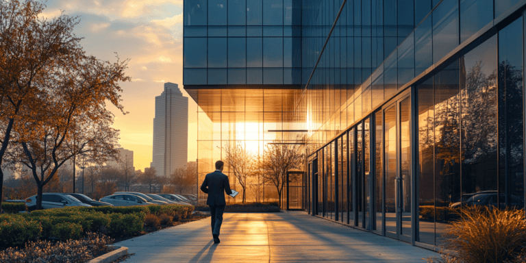 A professional inspector walking toward a modern commercial property in the North Texas area, emphasizing the importance of inspections for investors.