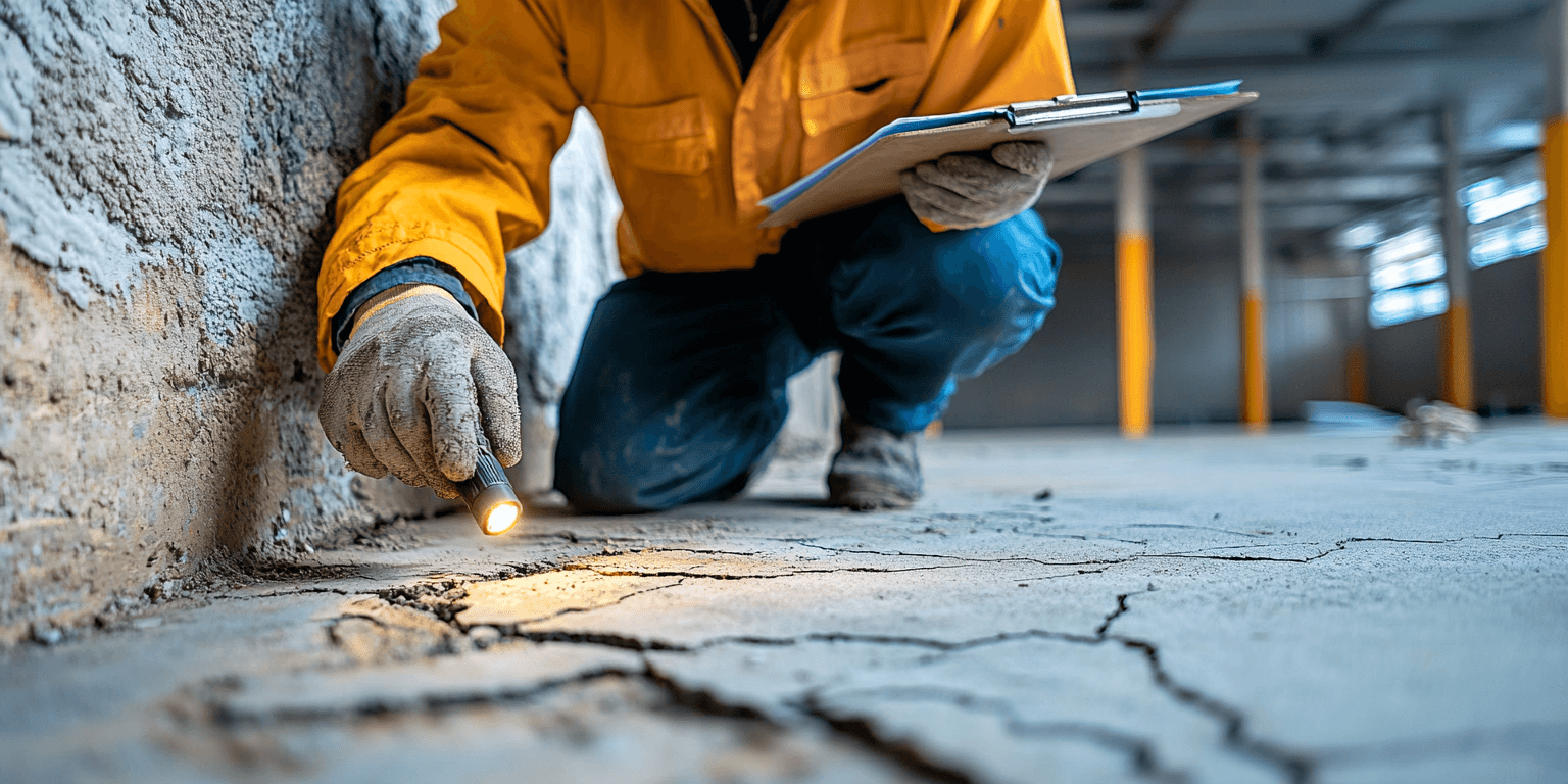 An inspector examining cracks in the foundation of a commercial building in the Dallas-Fort Worth area, showcasing the importance of structural evaluations during inspections.