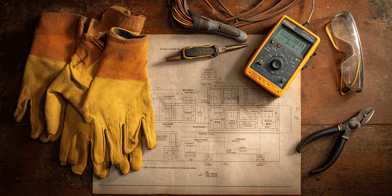 Electrical inspection tools laid out on a workbench, symbolizing preparation and safety in home electrical evaluations.