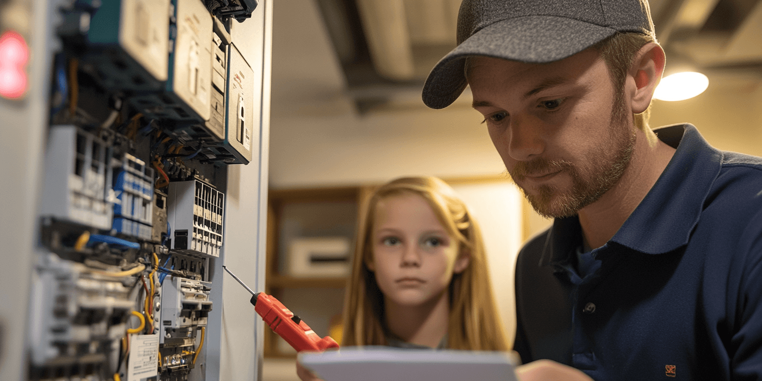 An inspector testing an electrical panel while a first-time buyer observes, emphasizing the importance of understanding a home's electrical system during an inspection.
