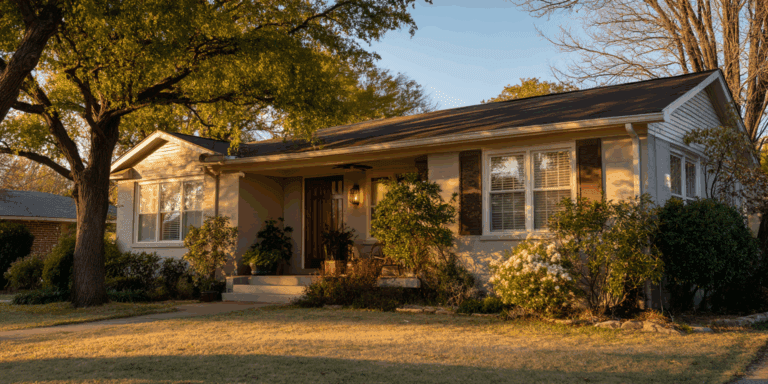 Front view of a Denton, Texas home with subtle signs of aging electrical systems, including service cables and a worn utility meter.