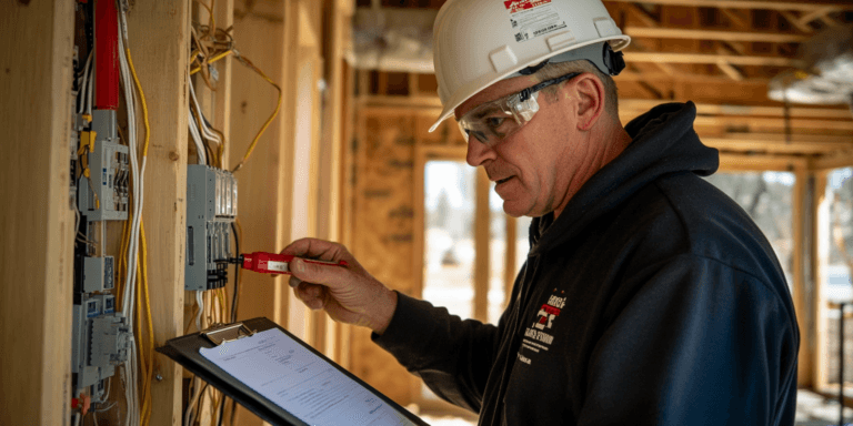 A certified home inspector checks an electrical panel in a newly built home, ensuring proper wiring and safety compliance.