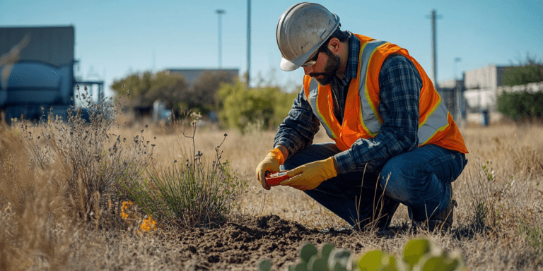 An inspector testing soil at a commercial property surrounded by industrial buildings, emphasizing the importance of environmental assessments.