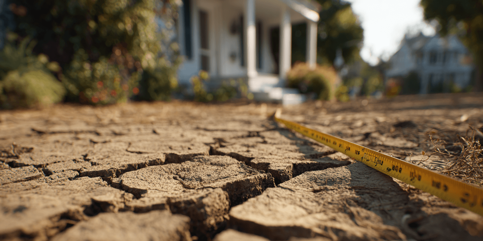 Expansive clay soil with visible drought cracks near a home foundation in North Texas.