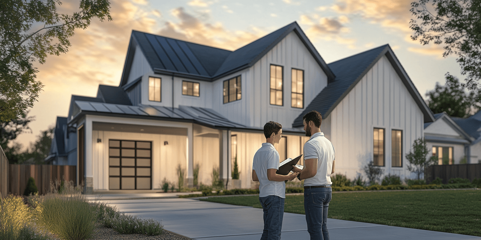 Home inspector conducting a final walkthrough with a couple in front of a newly built farmhouse-style home in Northern Texas.