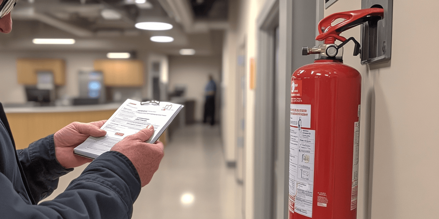 An inspector reviewing a fire extinguisher and emergency light in a commercial building, highlighting essential fire safety measures.