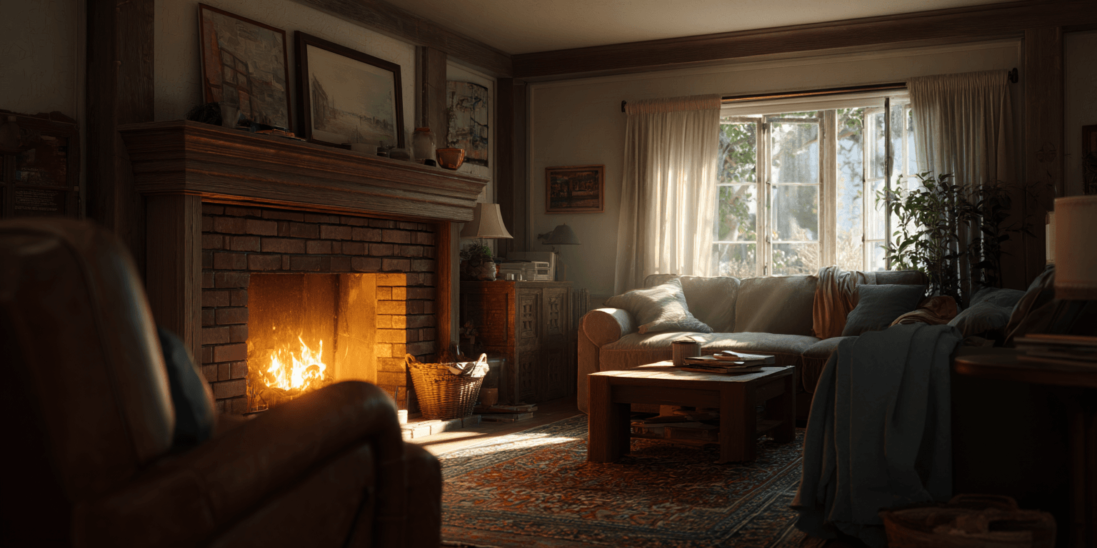 Living room fireplace with visible smoke leaking into the space, indicating poor chimney ventilation or a blockage.