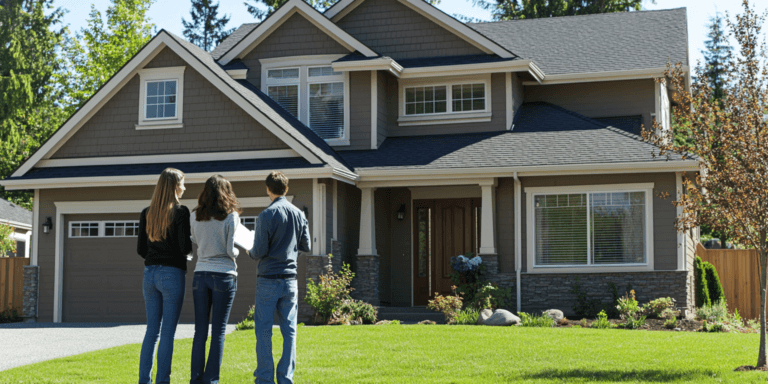 A young couple with their inspector and real estate agent discussing a home inspection outside a classic suburban home.