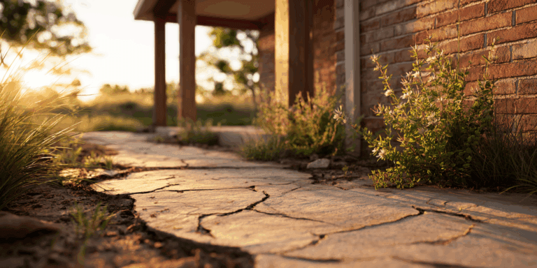 Visible foundation cracks on a North Texas home with dry, clay-rich soil and signs of soil movement.