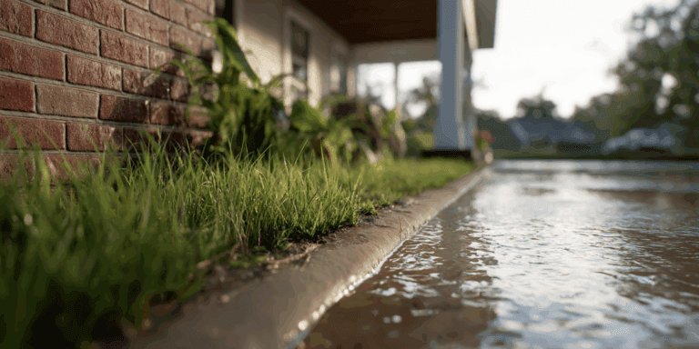 Water pooling near the base of a home, signaling poor drainage that could lead to foundation damage.