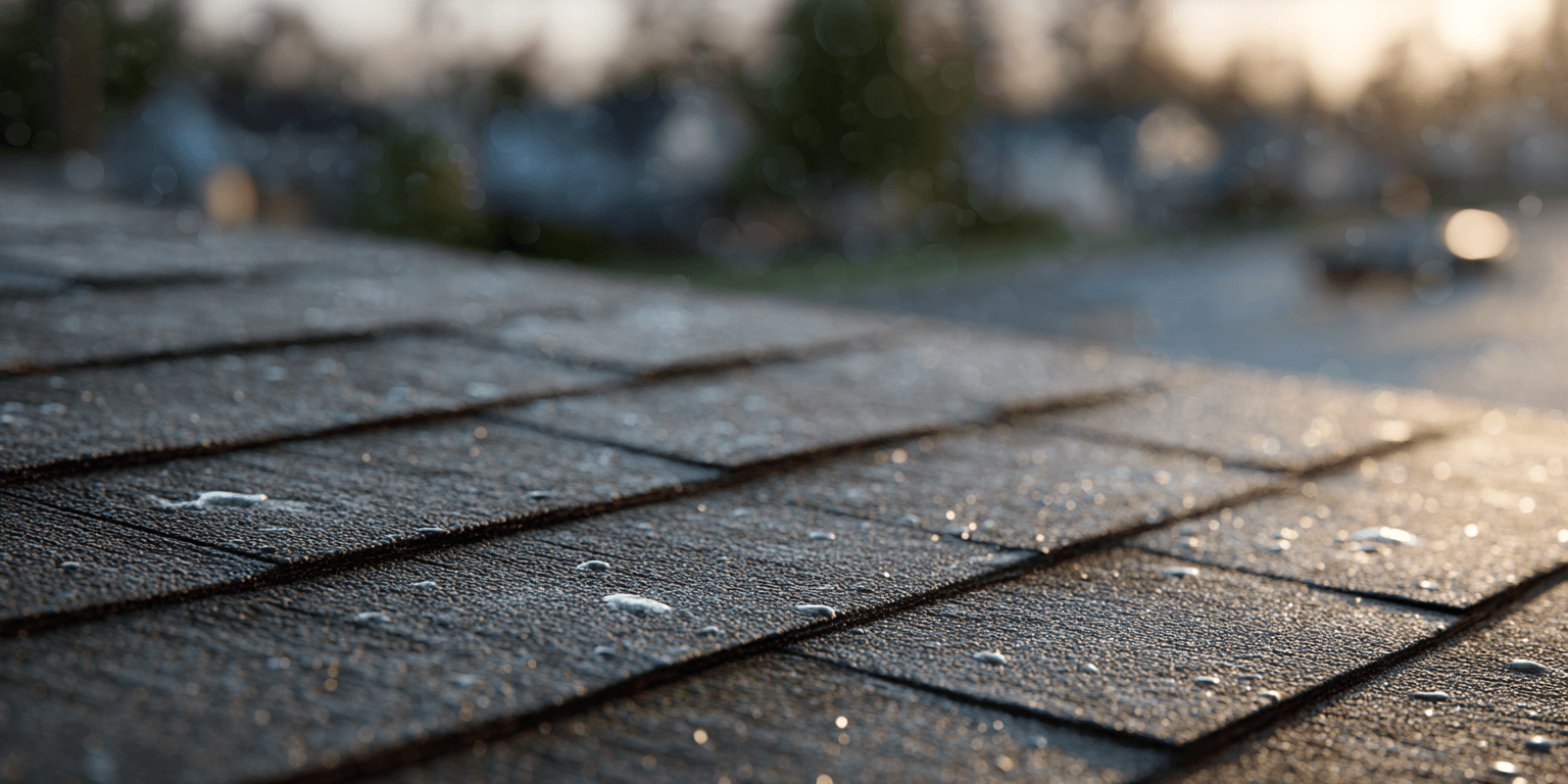 Hail damaged roof shingles closeup