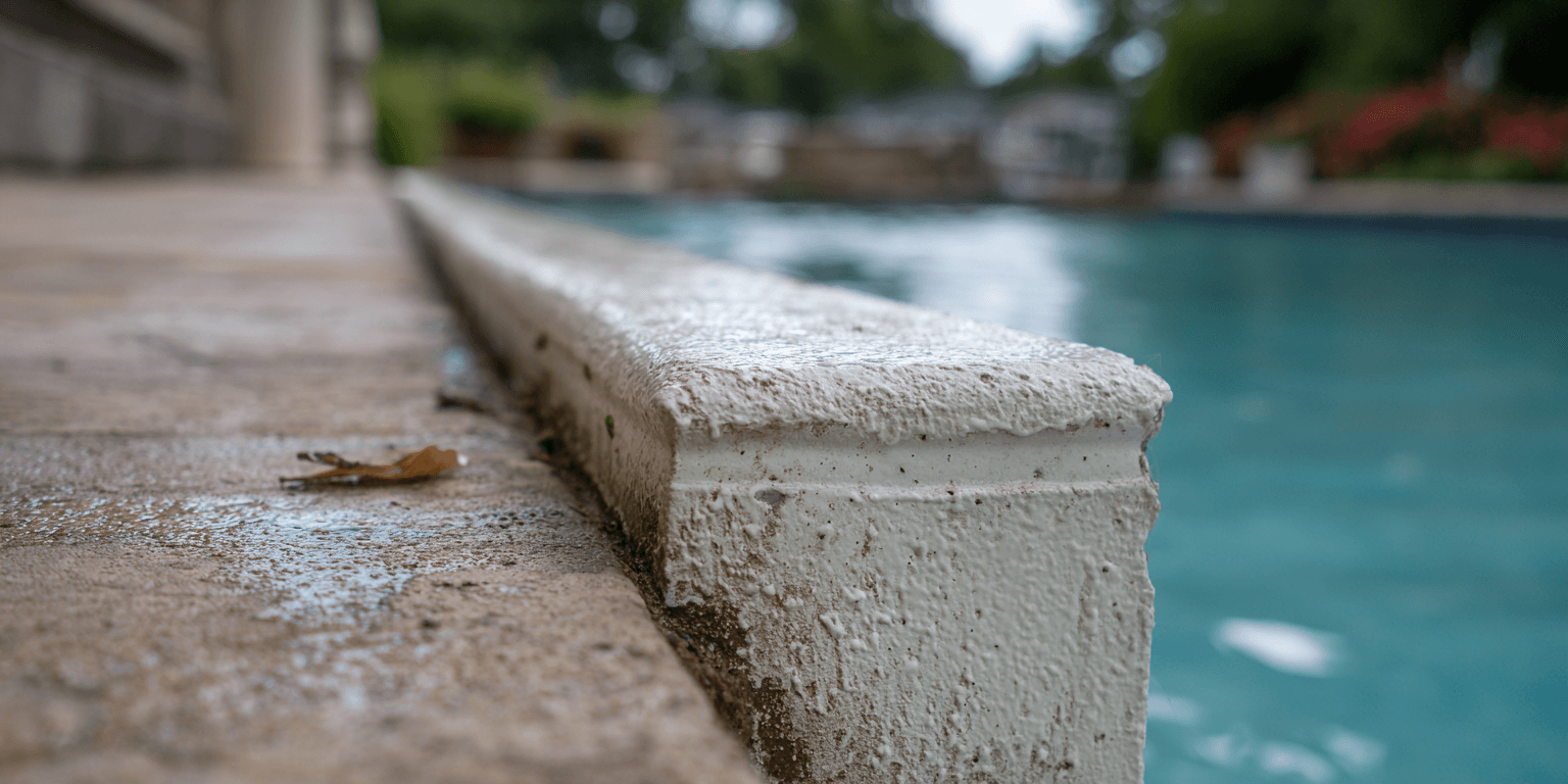 Calcium scale buildup on pool tile and fixtures due to hard water and debris after a North Texas storm.