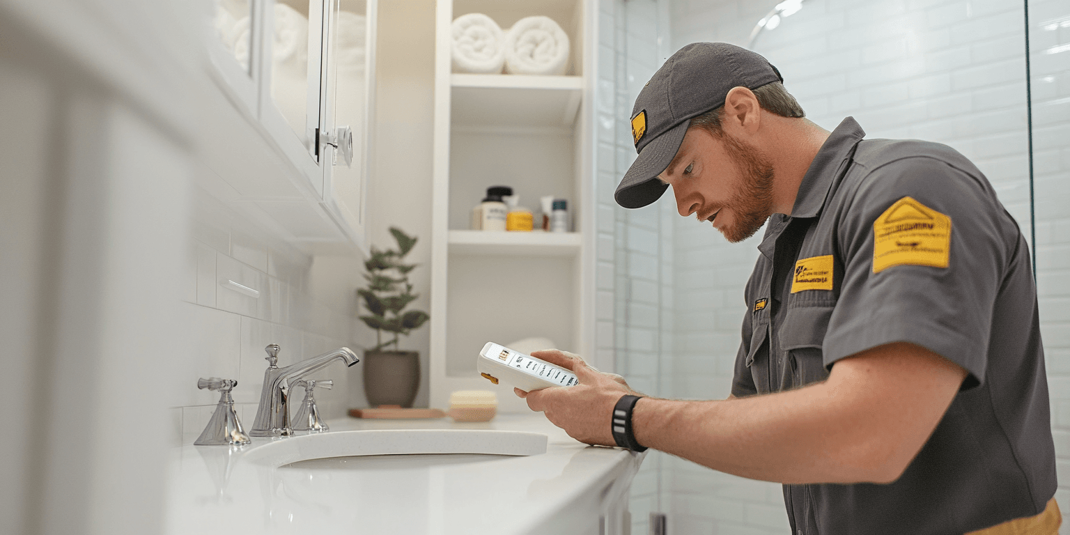 A home inspector uses a moisture meter to detect hidden plumbing leaks behind a bathroom wall in a newly constructed home.