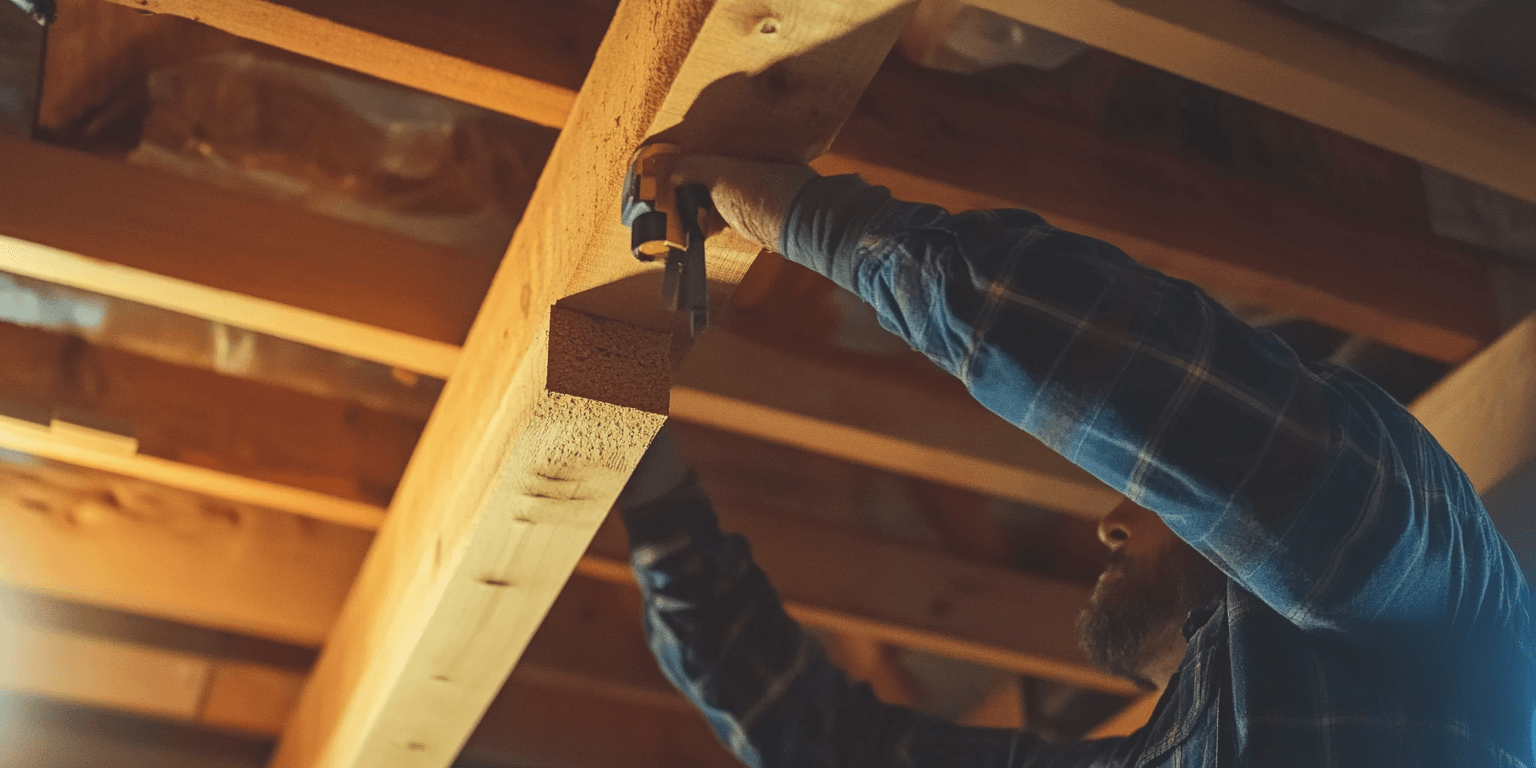 Inspector testing a wooden beam for hollow sounds, a method for identifying termite damage.