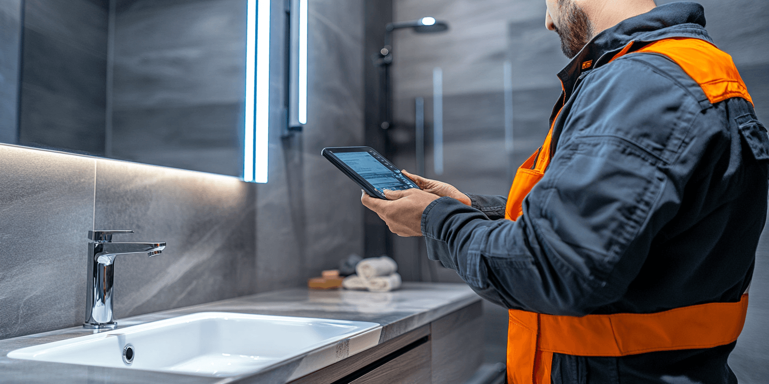 A home inspector uses a moisture meter to check for hidden plumbing issues near a bathroom sink in a newly built home.