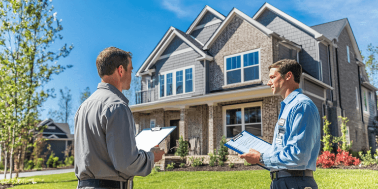 A home inspector evaluates the foundation of a newly built home, discussing findings with a homebuyer before closing.