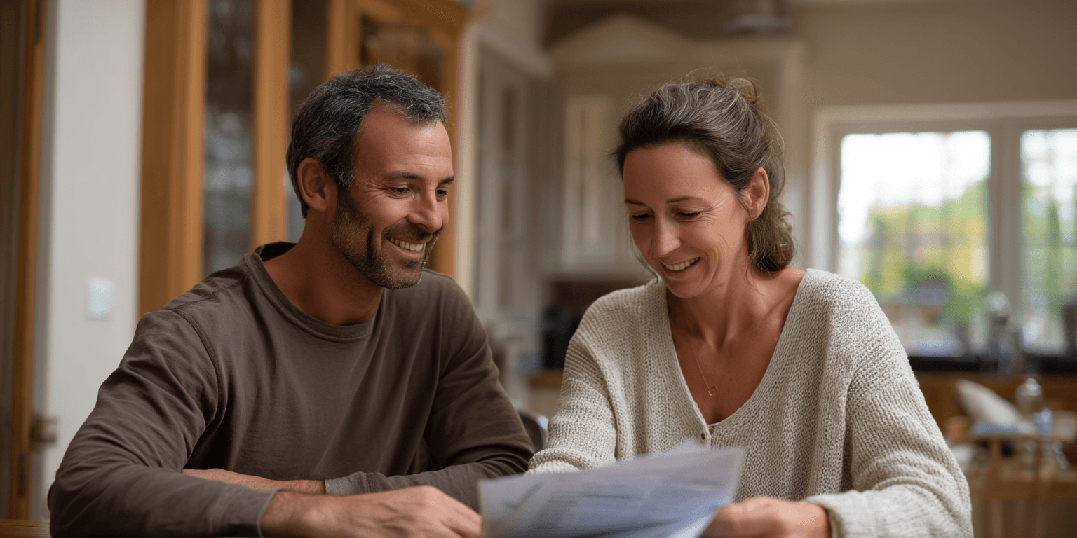 Home inspector and buyer reviewing the final home inspection report together at the kitchen table.