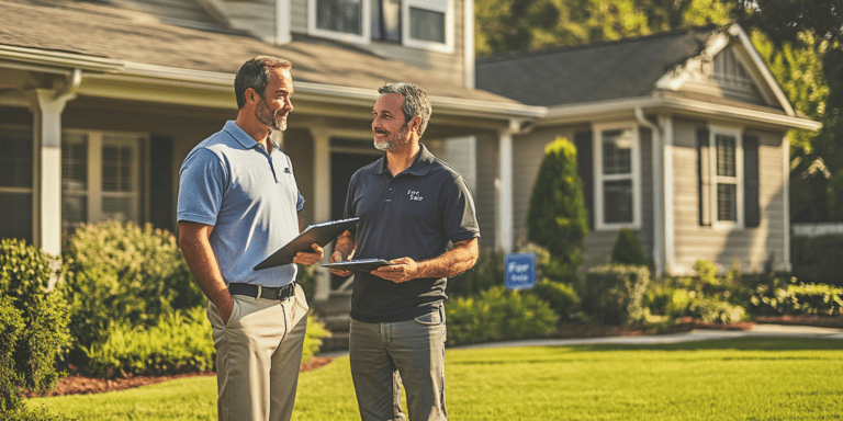 A professional inspector and a seller discussing a home inspection on the front porch of a suburban house with a "For Sale" sign in the yard.