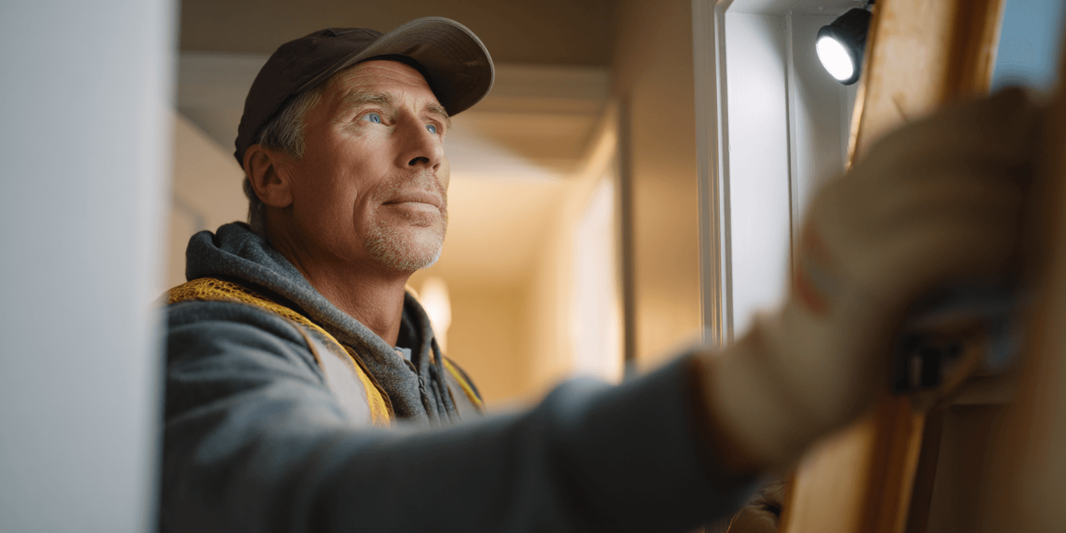 A home inspector accessing a home’s attic with a flashlight during a residential inspection.