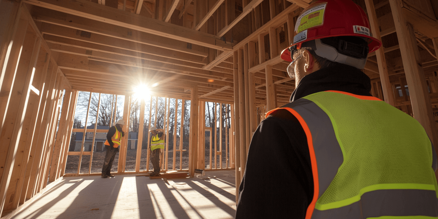 A home inspector examines the framing of a newly built home, verifying alignment and structural stability.