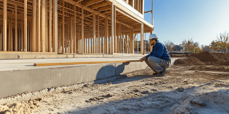 A home inspector checks the alignment of a new home’s foundation, ensuring proper leveling and structural integrity.
