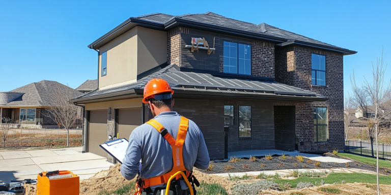 A certified home inspector checks the roof of a newly constructed home using a clipboard and drone to identify potential defects.