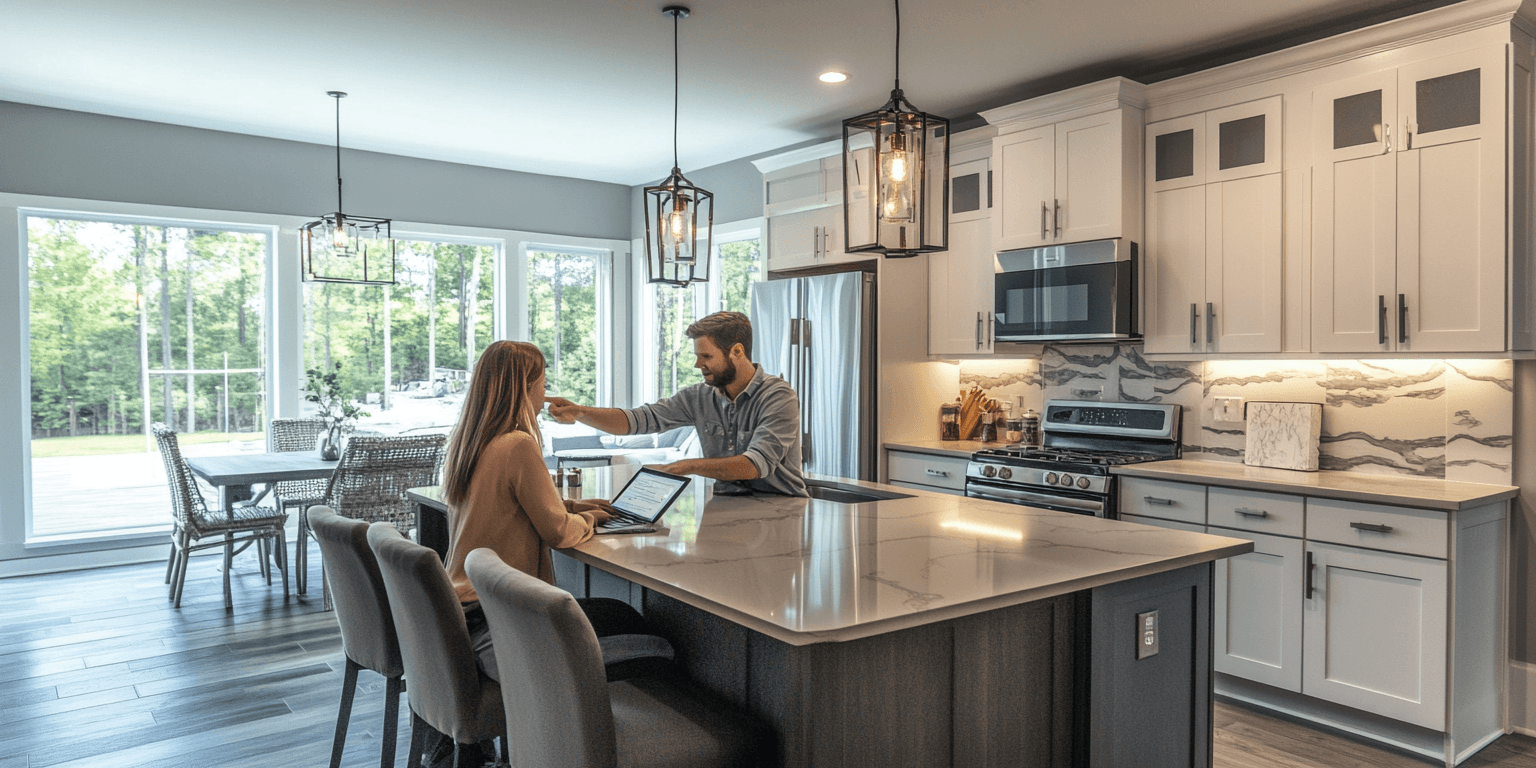 A home inspector reviews a digital home inspection report with a buyer, explaining key findings before purchase.