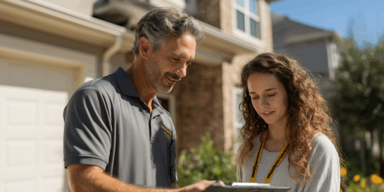A homebuyer reviews inspection details with a home inspector outside a residential property.
