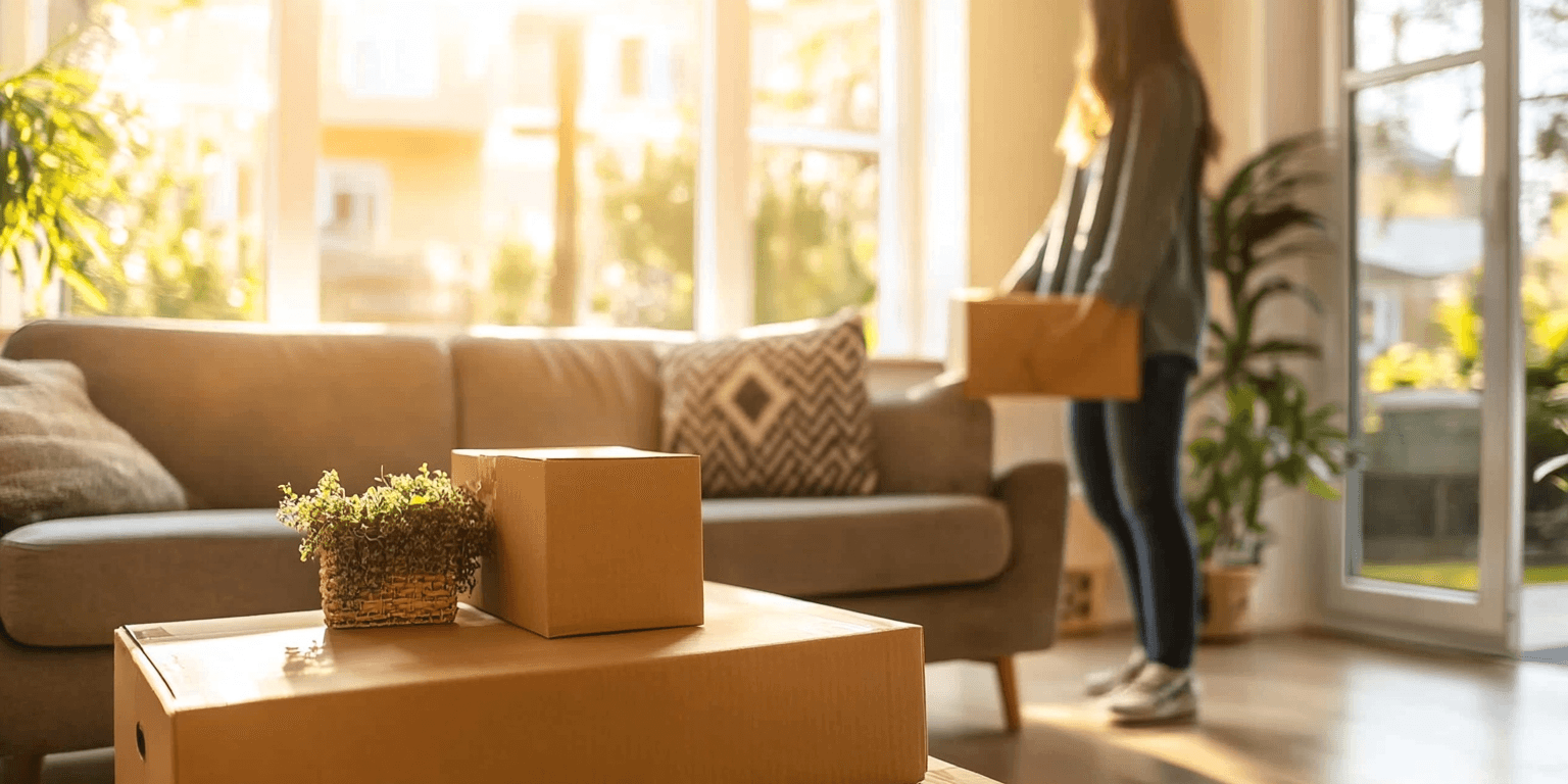 Homeowner preparing a modern living room for a pre-sale inspection, organizing items into boxes with natural light streaming through clean windows.