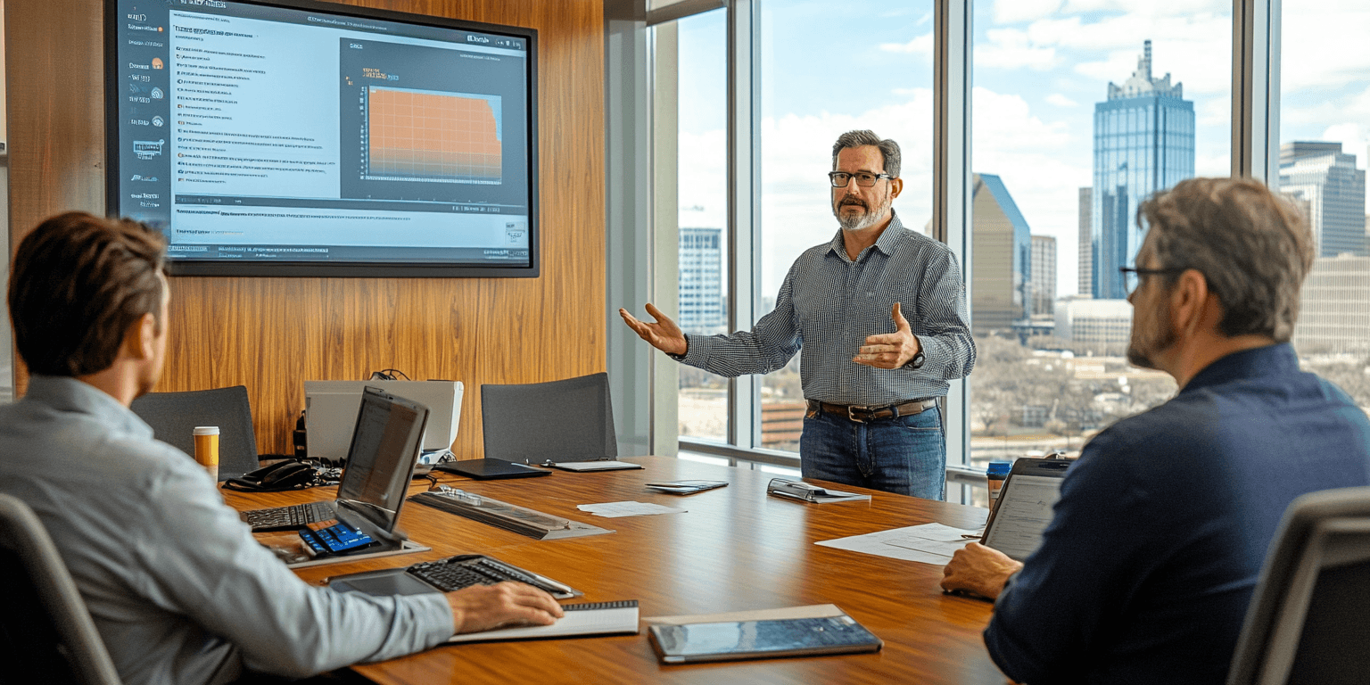 An inspector discussing indoor air quality results in a commercial property conference room with the North Texas skyline visible in the background.