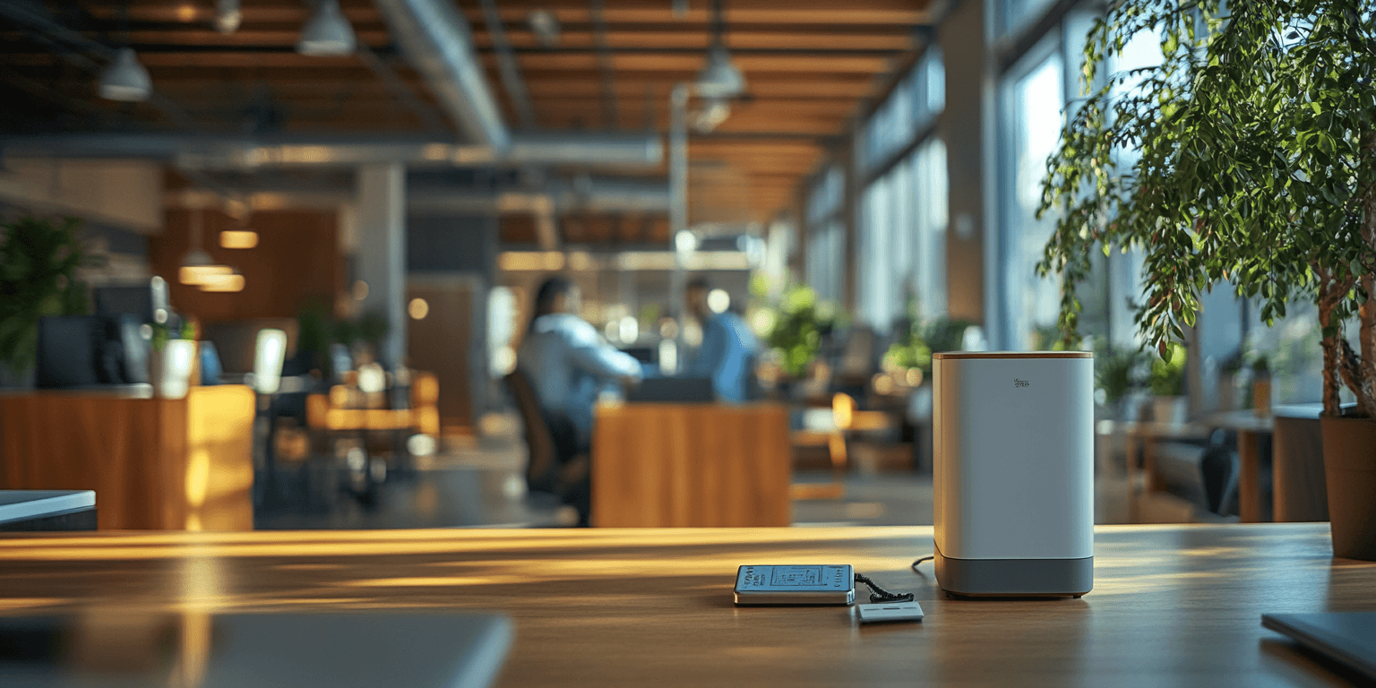 An air quality monitor and an inspector testing for mold near a window in a commercial office space, showcasing indoor environmental safety evaluations.