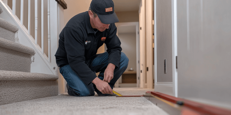 An inspector using a level tool to check for uneven floors, a potential sign of foundation movement.