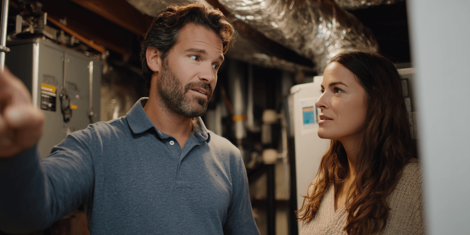 Home inspector explaining the HVAC system to a buyer during an in-depth home inspection.
