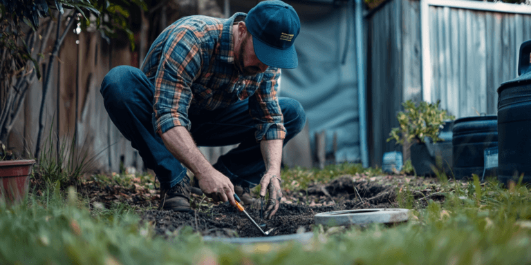 An inspector using tools to locate a septic tank in a backyard during a home inspection.