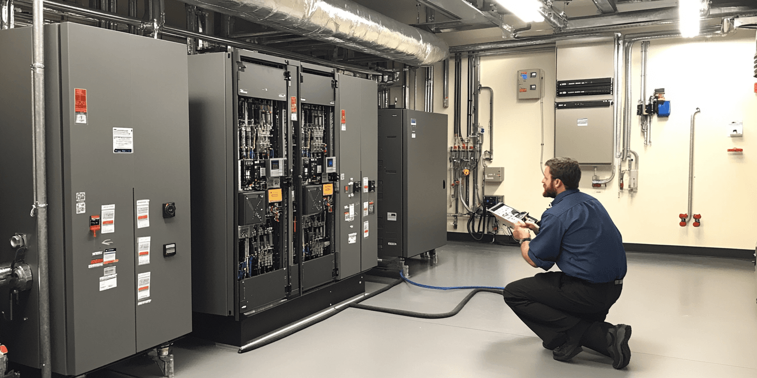 An inspector testing an electrical panel in a clean and accessible mechanical room, showcasing readiness for a commercial property inspection.